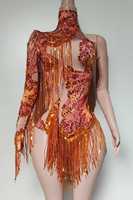 Body asymétrique à une épaule pour femme, orné de strass scintillants, de paillettes et de franges, idéal pour les soirées, anniversaires, spectacles de danse, bars et scènes