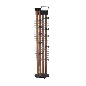 Rotating wooden glasses display stand holding 80 pairs sunglass with metal hooks and casters