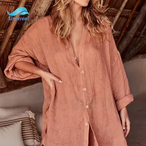 Fashionable Wholesale Women Ladies Long Sleeve casual Oversized Beach Shirt Tunic Casual 100%Linen Shirts
