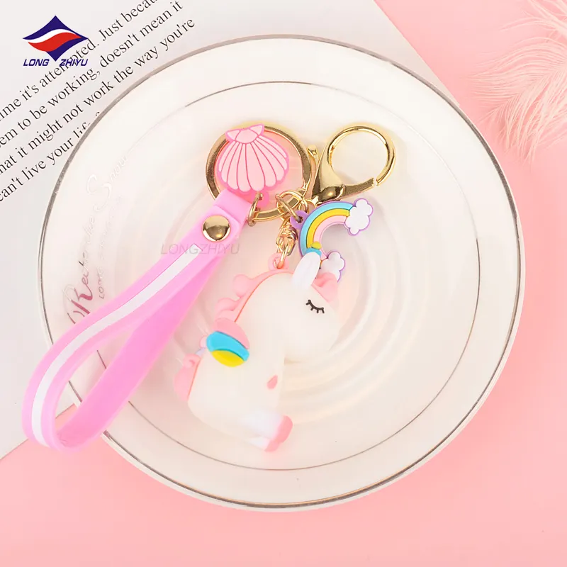 Longzhiyu Custom 3D Soft PVC Unicorn Keychains White Rainbow Horse Keyrings Bag Pendant for Gifts