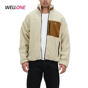 Gaya Klasik Sehari-hari Desain Vintage Sherpa Kerah Tinggi Leher dengan Corduroy Trim Zip-Up Jaket Bulu Dua Warna Pria