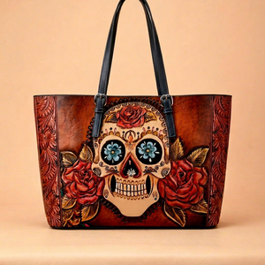 Sac fourre-tout d'été bohème en cuir véritable à imprimé rose et crâne, grande capacité, avec deux sangles, bandoulière, pour femme, pour le quotidien et les voyages, avec boucle - Product Image 1