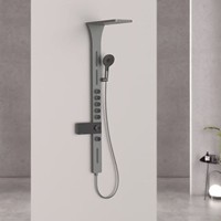 Panneau de douche thermostatique avec rétroéclairage LED |   Douche pluie à jets corporels portatifs |   Douche de salle de bain au design minimaliste moderne avec finition chromée