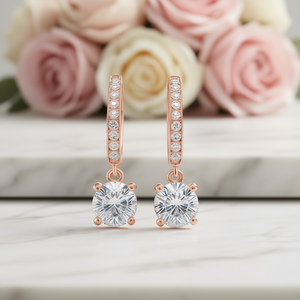 E1702 Orecchini pendenti in cristallo color oro rosa con montatura a griffe, stile classico da donna per matrimonio - Product Image 2