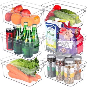 Set of 6 Food Large Storage Bins with Handle, Freezer Organization,Clear Plastic Pantry Organizer Bins