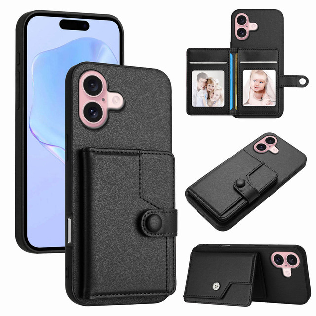 Card Holder Buttons Multifunctional Mobile Phone Case for iPhone 11 12 13 14 15 16E Pro Max Leather Case