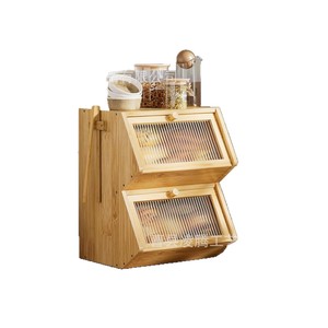 Boîte à pain en bambou à double couche, trapézoïdale, transparente, anti-poussière, rangement de cuisine pour pain, pâtisserie, fruits, desserts - Product Image 5