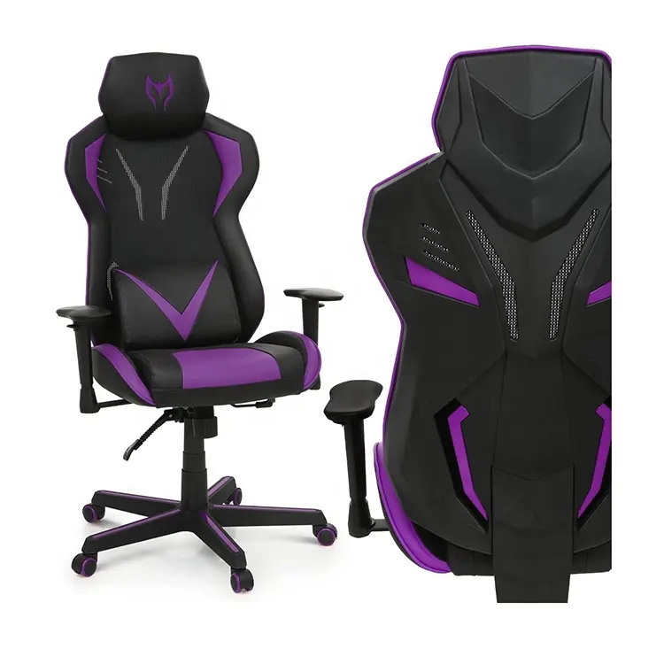 Kursi kulit PU putar 360 derajat, kursi Game ergonomis kantor rumah gaya balap ungu untuk permainan komputer