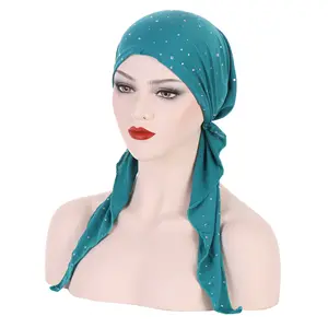 HZM-23154 Hồi Giáo Hai Đuôi Headscarf Hat Mỏng Mùa Hè Hijab Stretch Cap Nếp Gấp Turban Cho Phụ Nữ Nắp Capô Ấn Độ Mũ Nón