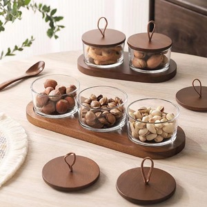 Japanese Style Multi Compartment Glass Dish With Lid Wooden Pattern Serving <b>Tray</b> For Dried Fruit Snack <b>Storage</b> Home Use - Product Image 2