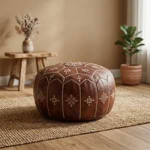 Housse de coussin pouf ronde en cuir véritable brodé, style bohème, faite à la main, unie, personnalisable, avec fermeture éclair, pour la décoration intérieure - Product Image 2