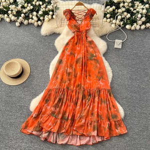 Urban 3D flor cuello en V estampado largo mujer vestido 2025 verano Sexy sin mangas espalda descubierta vestido femenino con cordones señora vestidos de noche - Product Image 1