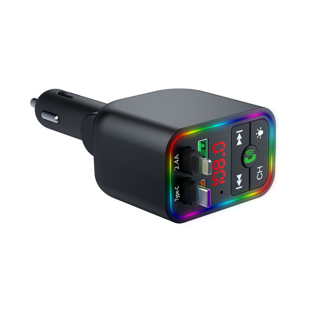 Colorful 12-24V Car Charger with PD Fast Charge Retractable Cable FM Transmitter for Wireless MP3 Player 1-Year Warranty