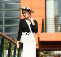 Ensemble de bureau élégant pour femme ODM OEM, col en V, manches longues, noir et blanc, boutonné, en Spandex/Polyester, anti-rétrécissement, anti-statique