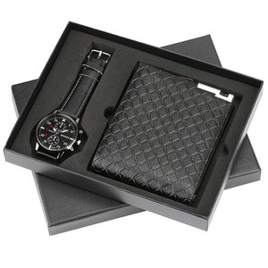 Magnifiquement boîte-cadeau emballée ensemble de cadeaux d'affaires de 2 pièces pour hommes cadeau de Noël montre de luxe à bracelet en cuir PU <span class=keywords><strong>portefeuille</strong></span> court solide - Product Image 2