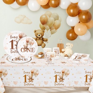 Décorations de premier <span class=keywords><strong>anniversaire</strong></span> pour garçon, assiettes, serviettes, gobelets, couverts pour 10 invités, motif ours en peluche - Product Image 5