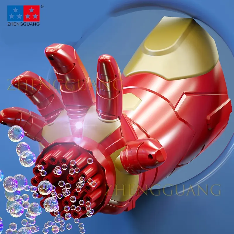 Zhengguang Plastic Outdoor Colorful Lights Electric Strong Power Bubble Hand Toys For Kids Iron Man Arm Electric Bubble Machine