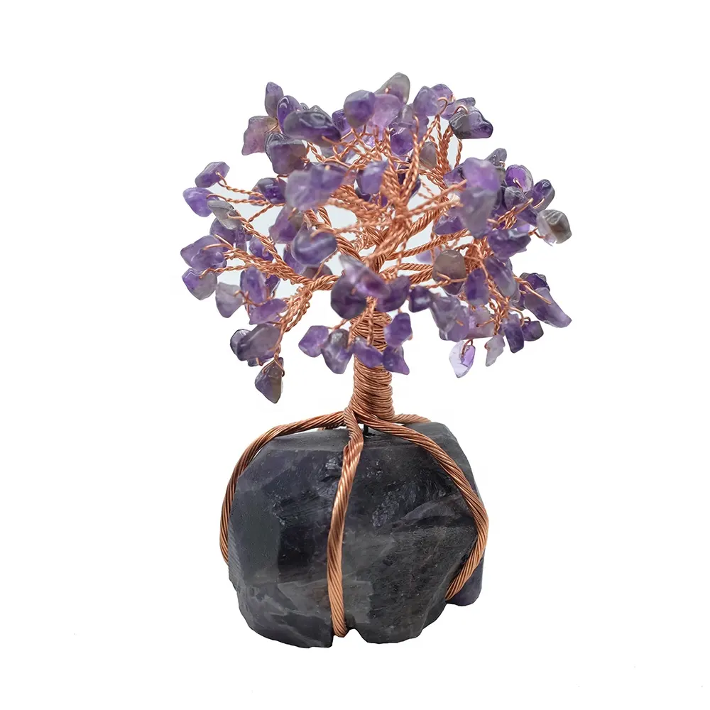 Healing Crystals Copper Money Tree Wrapped On Natural Amethyst Rose Quartz Base crystal bonsai tree