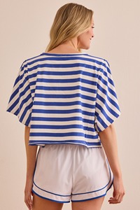 Sustainable 95% Polyester 5% <b>Linen</b> Gingham Striped Relaxed Oversized Active Short Sleeve <b>Top</b> Boxy T Shirts and Shorts Sets - Product Image 3