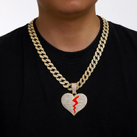 Pendentif en forme de coeur en strass hip-hop avec collier pendentif chaîne cubaine en diamant de 15mm