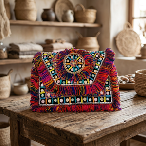 Banjara-Sac à main de bohème pour femmes, sac à bandoulière indien élégant et tendance, sac chic en jute à pompons pour filles et femmes - Product Image 2