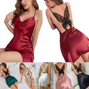 Pijama de Camisola para Mujer SFY4121, Sexy, con Aberturas, Diseño de Mariposa, Satén, Cintura Elástica, Transpirable, para Verano - Product Image 1