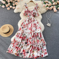 Robe de plage femmes minceur bord de mer vacances Style sur le genou plissé Super fée en mousseline de soie imprimé Premium tenue décontractée
