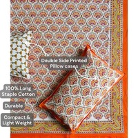 Parure de lit de luxe légère en coton biologique 100% premium, imprimé artisanal orange et rose, style bohème, taille King (90x108 po), 200 fils/cm²