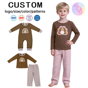 Tenues de Thanksgiving brodées pour garçons, barboteuses pour tout-petits, vêtements de nuit en coton et élasthanne, vêtements pour frères, prêts à expédier - Product Image 1