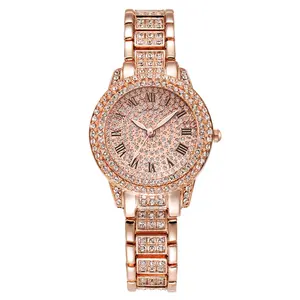 Conjunto de pulsera chapado en oro al por mayor reloj de cuarzo con diamantes de imitación personalizado diseño de diamantes reloj de pulsera para mujer regalo