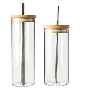 Bouteille en verre de 700 ml. Bouteille d'eau en verre avec mike / thé / café à large bouche avec plateau en bambou et paille ré - Product Image 4