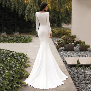 Mermaid Wedding Dress Ivory White V-neck Satin Long Sleeve Elegant Bridal Gown With Train - Product Image 2