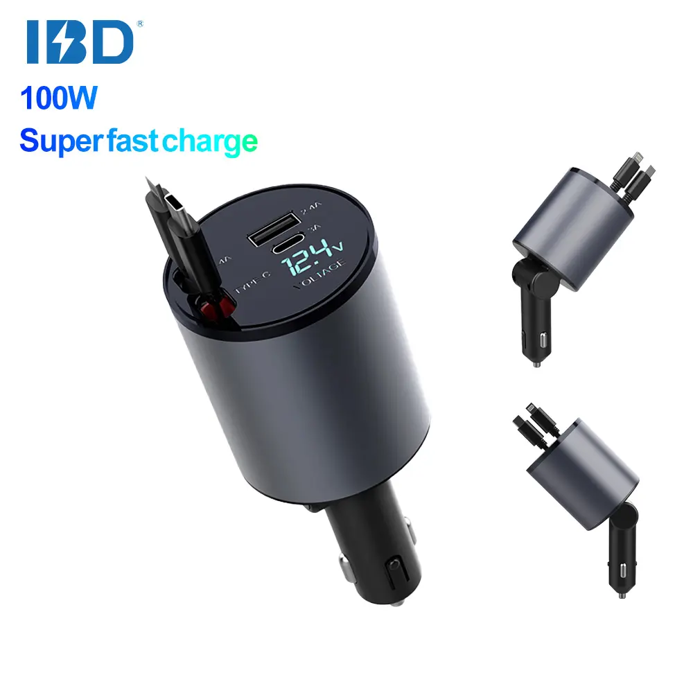 IBD 4 en 1 100W 60W 12V 24V diseño único gran potencia USB tipo C teléfono SCP VOOC FCP cable de carga rápida cargador de coche retráctil