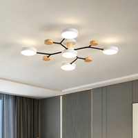 Plafonnier LED en forme de branche nordique, en métal noir et bois, semi-encastré, moderne, à plusieurs têtes, style lustre