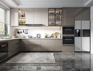 Cuisine moderne de style ferme, armoires de cuisine modulaires en mélamine de bois avec porte en verre 3D, structure en aggloméré pour cuisines - Product Image 4