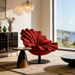 Poltrona Moderna a Forma di Petalo in Stile Nordico, Seduta Girevole in Tessuto per Arredamento Soggiorno - Product Image 3
