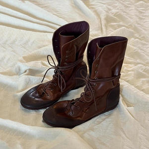 Bottes plates à lacets en cuir de vachette vieilli pour femmes, style motard, rétro, décontractées, design de niche, bottes tendance - Product Image 3