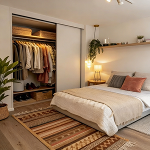 Armoire coulissante moderne personnalisée BALOM, meubles de chambre à coucher en bois massif avec tringles de suspension, rangement zoné - Product Image 2