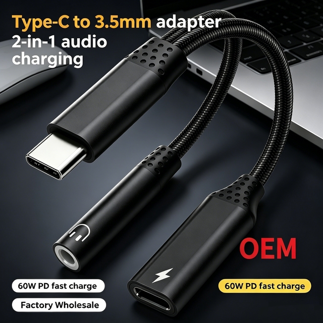 New 60W PD Fast Charging Type-C Audio Adapter 2-in-1 HiFi DAC 32bit/384kHz Anti-Noise Plug Play Durable Gaming/Office/Car Use