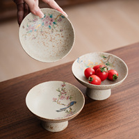 Crimson Glaze porseleinen fruitschaal met hoge voet, Chinese stijl bloemen- en vogelschaal, theehuis dim sum schaaltje