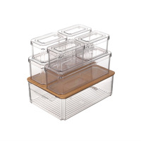 Conteneur de rangement pour réfrigérateur en plastique empilable au design classique avec couvercle en bambou, étanche, capacité de 3 à 6 L pour légumes et fruits