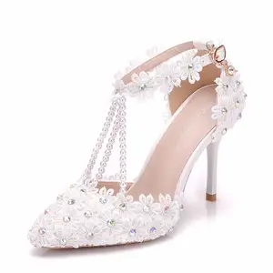 LS131 9cm large size white lace flower wedding shoes one-word wristband bridal shoes stiletto pointed wedding shoes women sandal