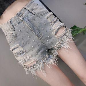 Nuovo arrivo Shorts Hot Pants in Denim a vita alta una linea Sexy Cut-out strappati con perline <span class=keywords><strong>pantaloncini</strong></span> <span class=keywords><strong>di</strong></span> <span class=keywords><strong>Jeans</strong></span> da donna - Product Image 3