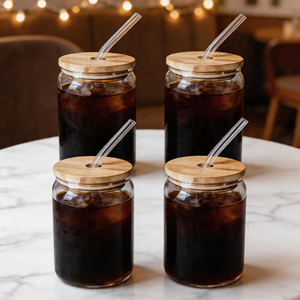 Gobelet à café en verre borosilicate en forme de canette, 500 ml (16 oz), pour thé glacé et café, avec couvercle en bambou et paille – Vente directe usine - Product Image 2