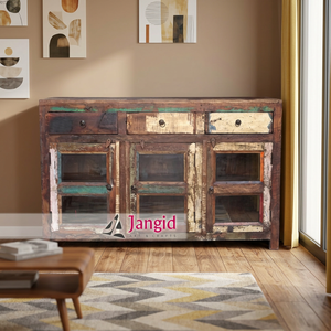 <b>Vintage</b> Recycled Indian Solid Wood Dining Storage Sideboards with Glass Door and 3 <b>Drawers</b> Handcrafted For Hotel Room Farmhouse - Product Image 3
