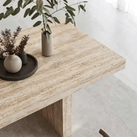 Table à manger rectangulaire en travertin beige, table à manger en pierre d'intérieur, design scandinave moderne, meubles de salle à manger
