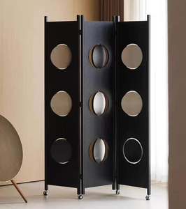 Premium 3-<b>Panel</b> Folding Room Divider Black Wood Circular Cutout <b>Mirror</b> Privacy Screen With Wheels For Living Room - Product Image 5