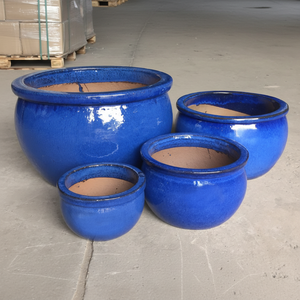 Pots extérieurs en céramique émaillée ronde bleue pour la maison et le jardin pour fleurs et jardinières - Product Image 1