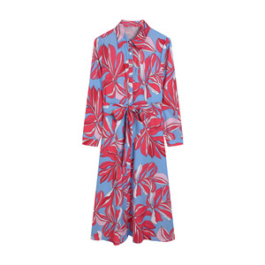 Robe chemise longue élégante à lacets pour femmes Robe quotidienne antistatique et anti-rides imprimée de fleurs à la mode - Product Image 3