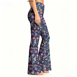Pantalones <span class=keywords><strong>de</strong></span> yoga acampanados <span class=keywords><strong>de</strong></span> cintura alta para mujer al por mayor, leggings retro con estampado floral francés, pantalón botánico barroco azul marino - Product Image 2
